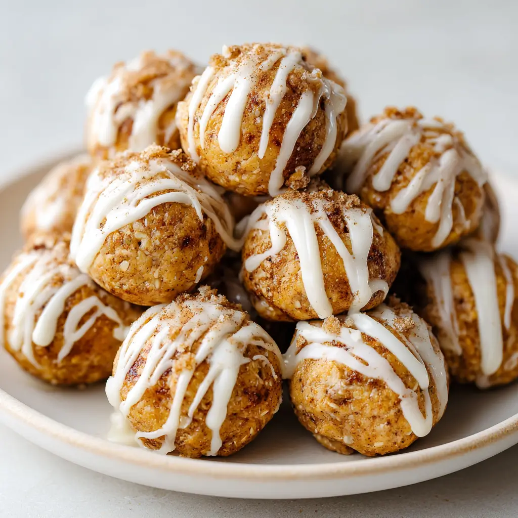 Protein bites drizzled with white icing, stacked on a plate, with a cinnamon-sugar dusting.​