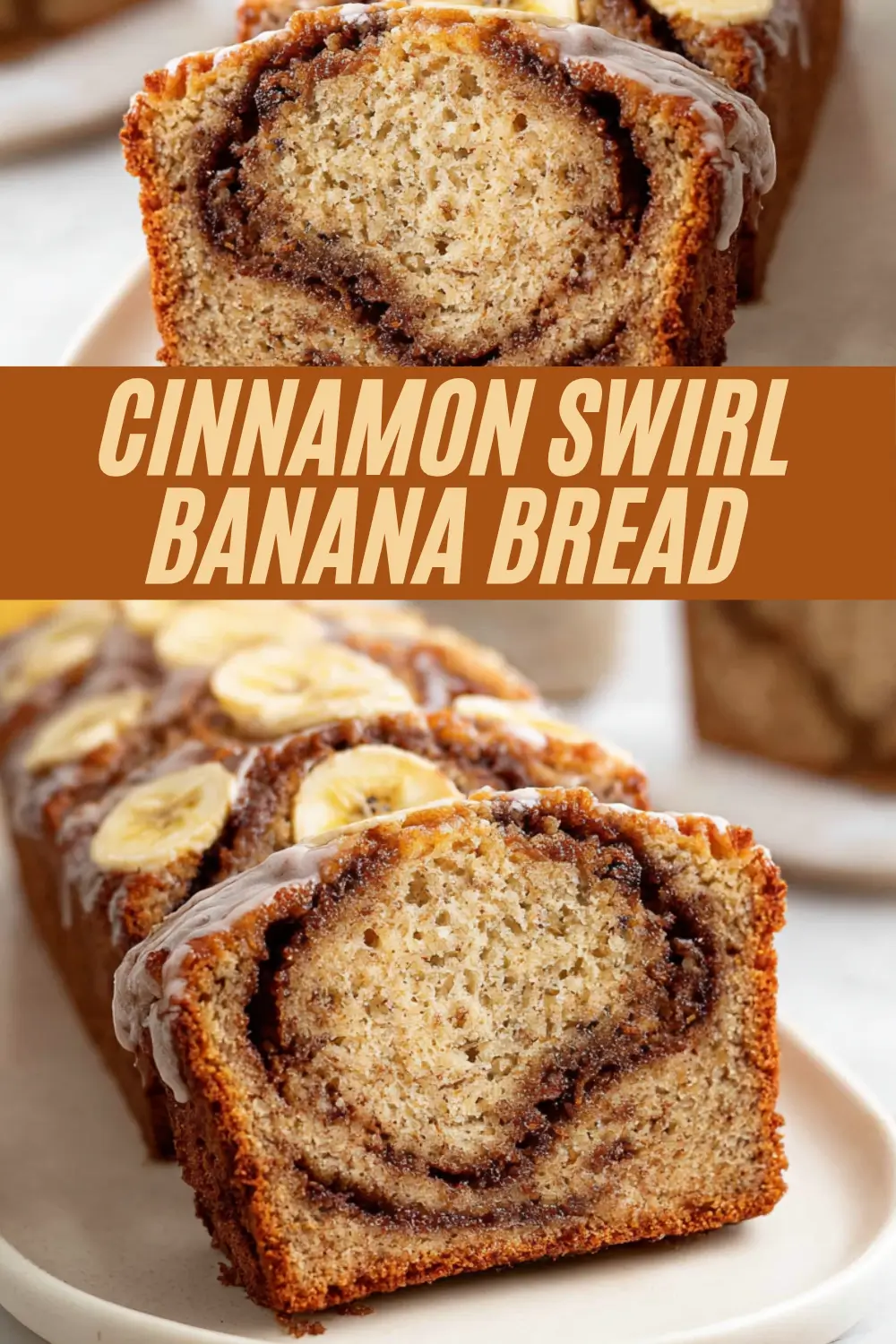 Slices of cinnamon swirl banana bread, featuring a moist, light brown interior with a distinct spiral of cinnamon sugar and topped with banana slices and a glaze.