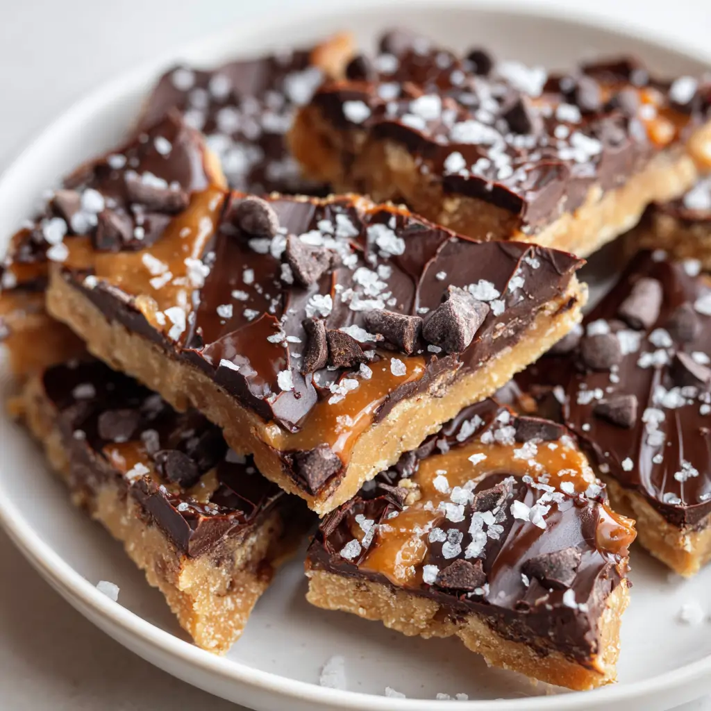 Stacked squares of chocolate bark with a cookie dough base, topped with melted chocolate, caramel, chocolate chips, and a sprinkle of flaky sea salt.