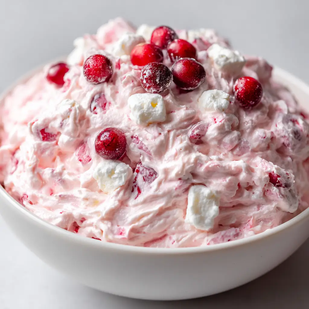 A bowl of cranberry fluff salad made with pink whipped cream, whole fresh cranberries, and mini marshmallows, creating a festive and creamy dessert.