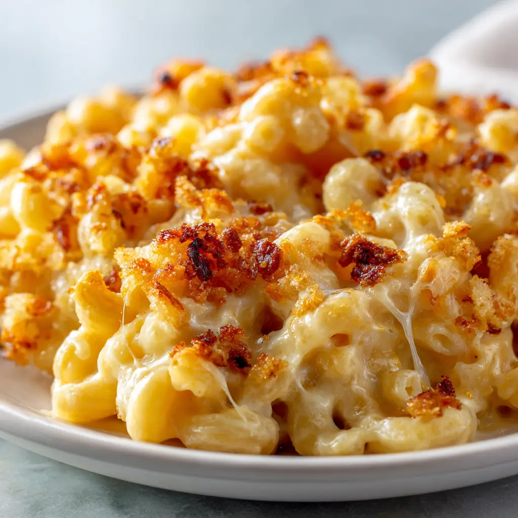 Close-up of creamy baked macaroni and cheese with crun