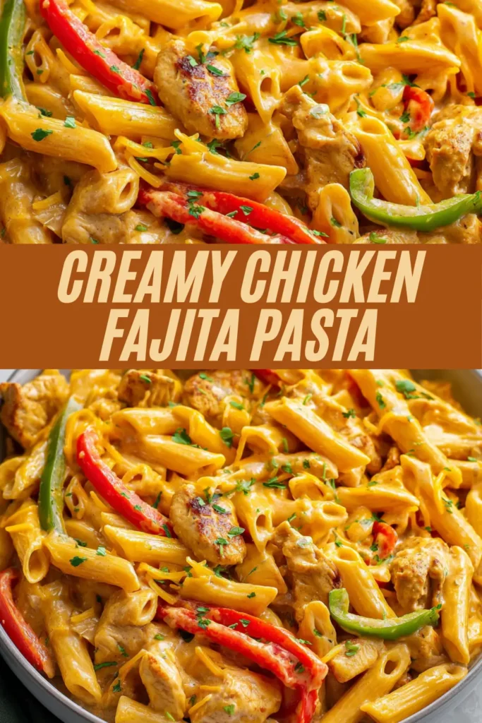 Two images of creamy chicken fajita pasta with penne, seared chicken, and red and green bell peppers in a rich orange sauce, separated by a bold text banner reading “Creamy Chicken Fajita Pasta”.