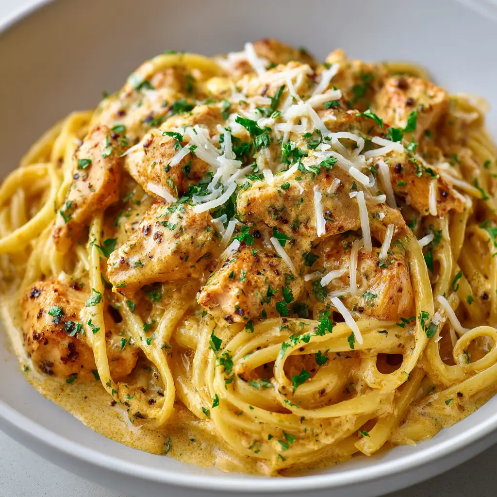 A bowl filled with creamy pasta topped with seared chicken pieces, garnished with chopped parsley and shredded cheese.