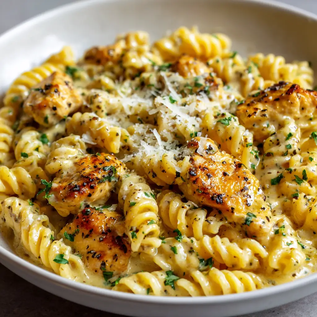 Bowl of creamy garlic butter chicken and rotini pasta, coated in a rich parmesan sauce and garnished with fresh parsley and grated parmesan cheese.