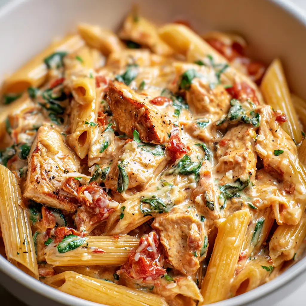Penne pasta with chunks of chicken, tomatoes, spinach, and creamy sauce.