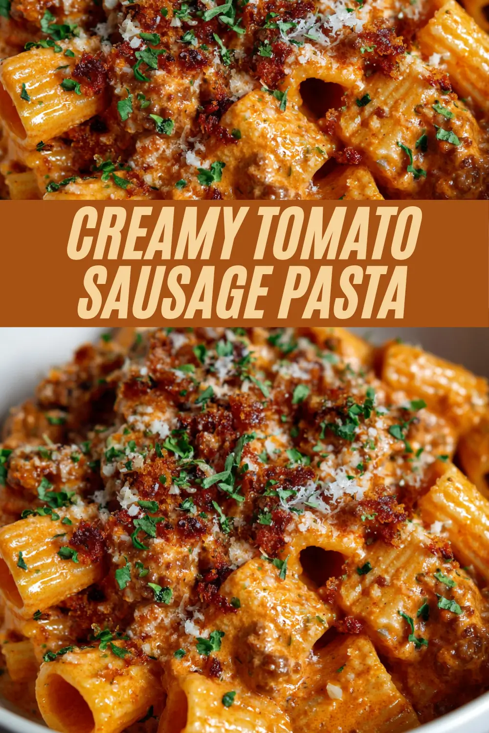 Rigatoni pasta coated in a creamy tomato sauce with crumbled sausage, finished with fresh parsley and grated cheese.