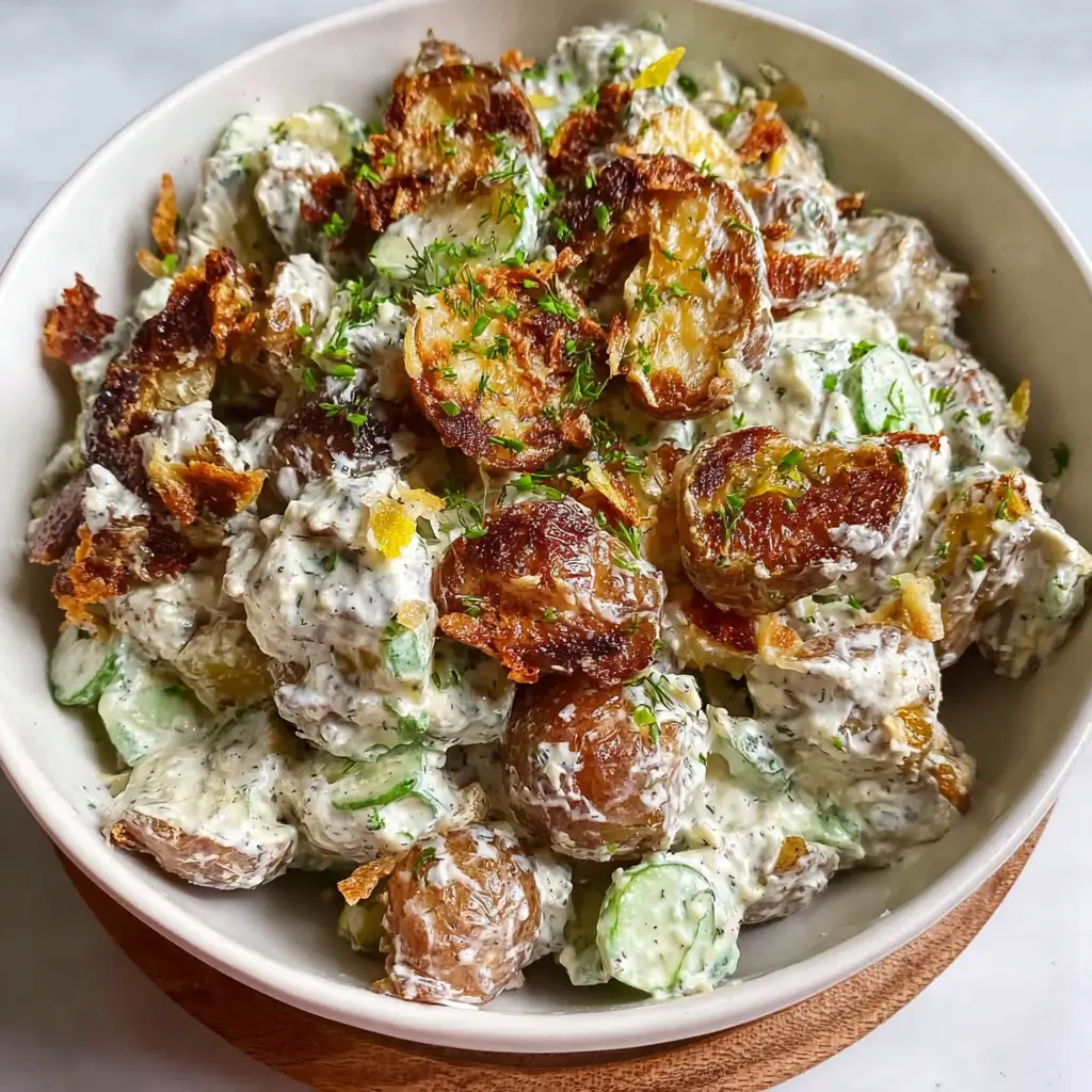 Top-down view of a bowl filled with crispy smashed baby potatoes coated in creamy herb dressing, mixed with cucumber slices and garnished with fresh dill and lemon zest.