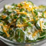 Cucumber ranch crack salad in a glass bowl, featuring creamy ranch-coated cucumber slices, shredded cheddar cheese, green onions, and fresh dill in a bright, appetizing mix.