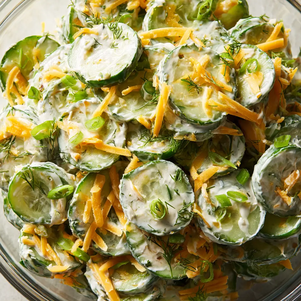 Top-down view of cucumber ranch crack salad, displaying thick cucumber slices in creamy ranch dressing with shredded cheddar cheese, green onions, and sprigs of fresh dill in a glass bowl.