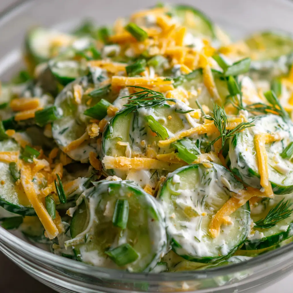 Cucumber ranch crack salad in a glass bowl, featuring creamy ranch-coated cucumber slices, shredded cheddar cheese, green onions, and fresh dill in a bright, appetizing mix.