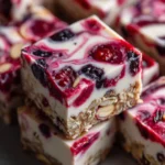 Frozen yogurt bars with a creamy yogurt top, visible berries swirled throughout, and a crunchy oat-almond granola base.​
