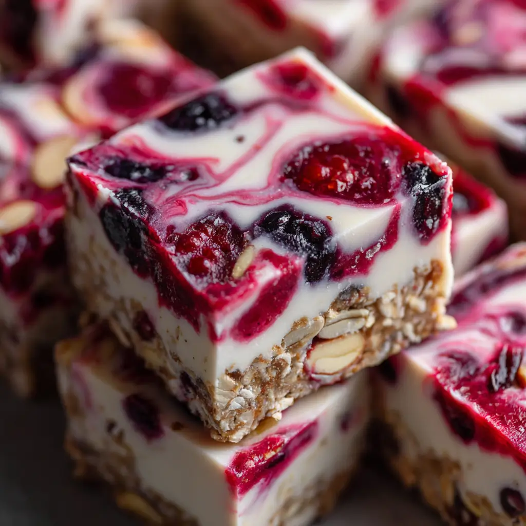 Frozen yogurt bars with a creamy yogurt top, visible berries swirled throughout, and a crunchy oat-almond granola base.​