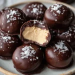 Chocolate-coated frozen yogurt bites topped with sea salt, showing a creamy yogurt center.​