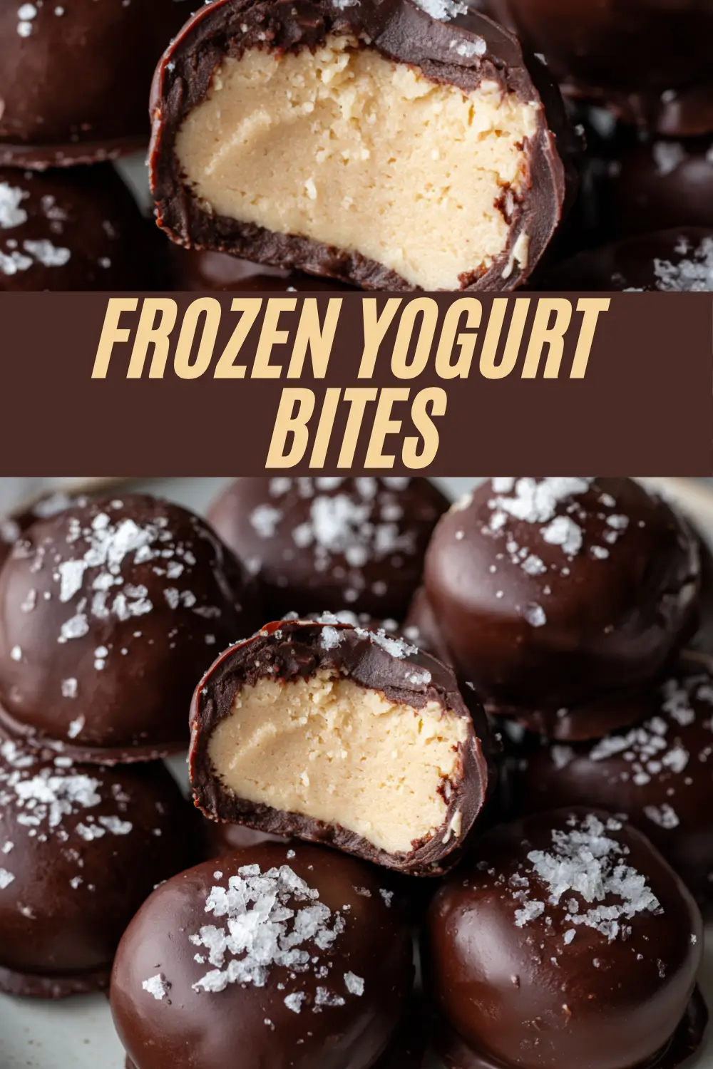 Chocolate-dipped frozen yogurt bites with crunchy flaky sea salt, creamy inside, and a glossy chocolate shell.​
