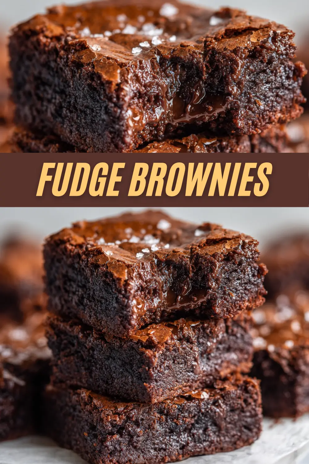 Fudge brownies with glossy tops and melty chocolate centers, stacked on parchment.