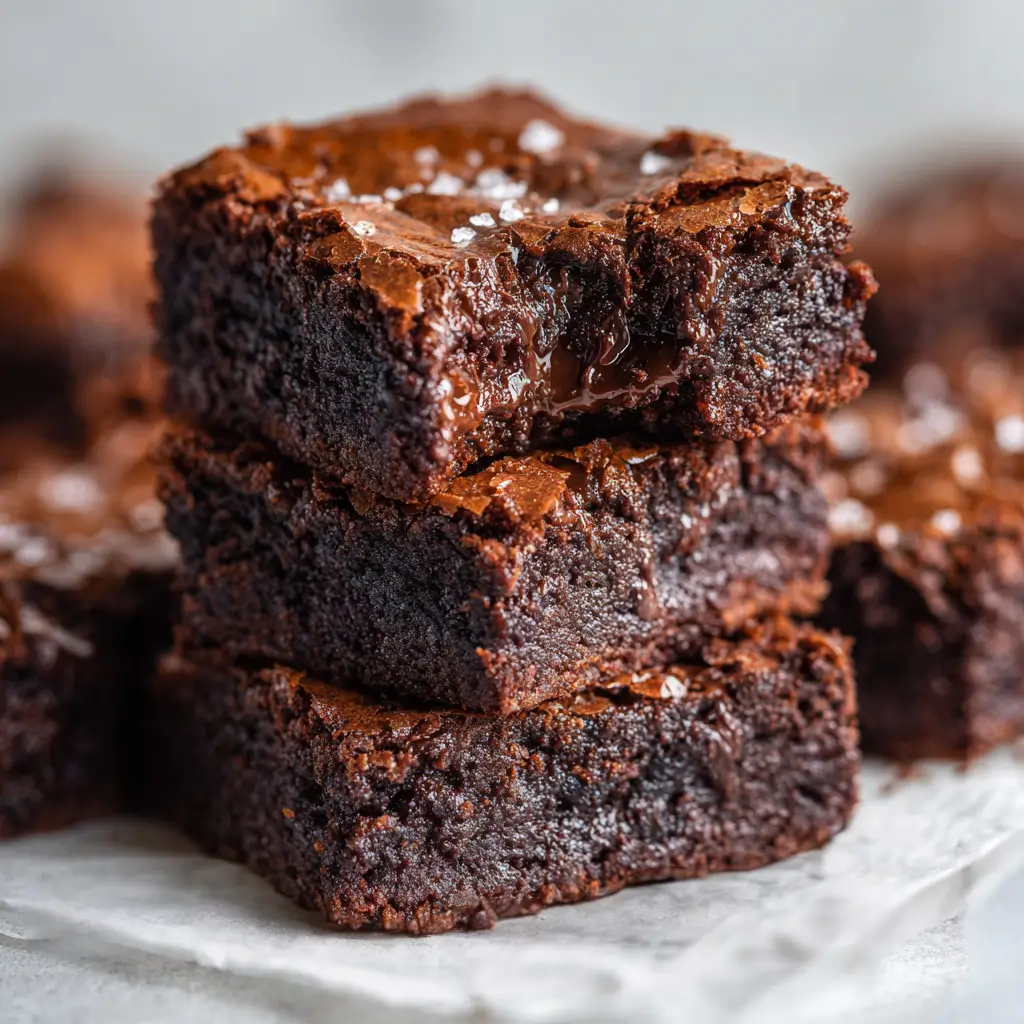 Fudge brownies stacked with gooey chocolate centers and crackly tops.