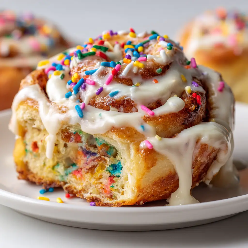 A close-up of a gooey Funfetti Cinnamon Roll, covered in creamy white icing and brightly colored sprinkles, with visible rainbow sprinkles baked into the tender swirl of dough.