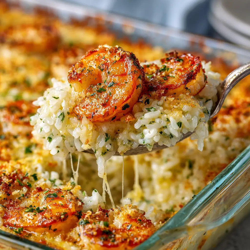 A metal serving spoon lifts tender shrimp and cheesy baked rice topped with parsley from a glass baking dish.