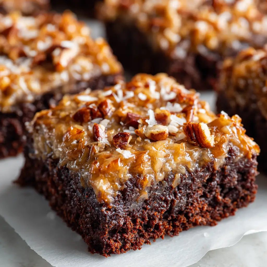 Fudgy chocolate brownie topped with coconut, pecan pieces, and caramelized frosting.