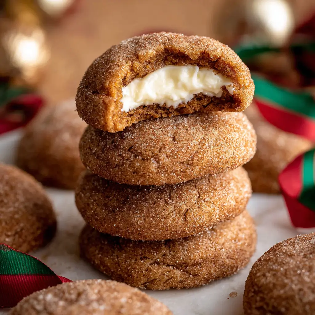 A stack of soft gingerbread cookies coated in cinnamon sugar, with the top cookie broken open to reveal a creamy cheesecake filling inside.
