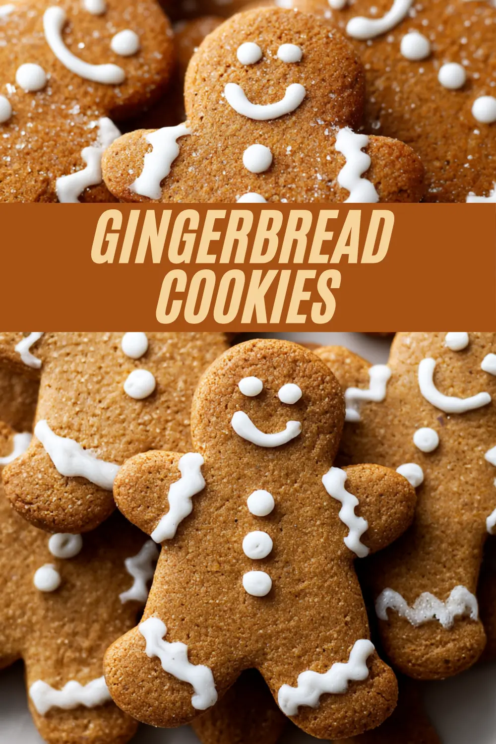 Recipe card for Gingerbread Cookies featuring close-up images of classic gingerbread men cookies decorated with white icing smiles and buttons, presented with bold text against a cinnamon-brown background.