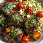 Grilled chicken thighs topped with chimichurri, served with pearl couscous, roasted tomatoes, and feta.