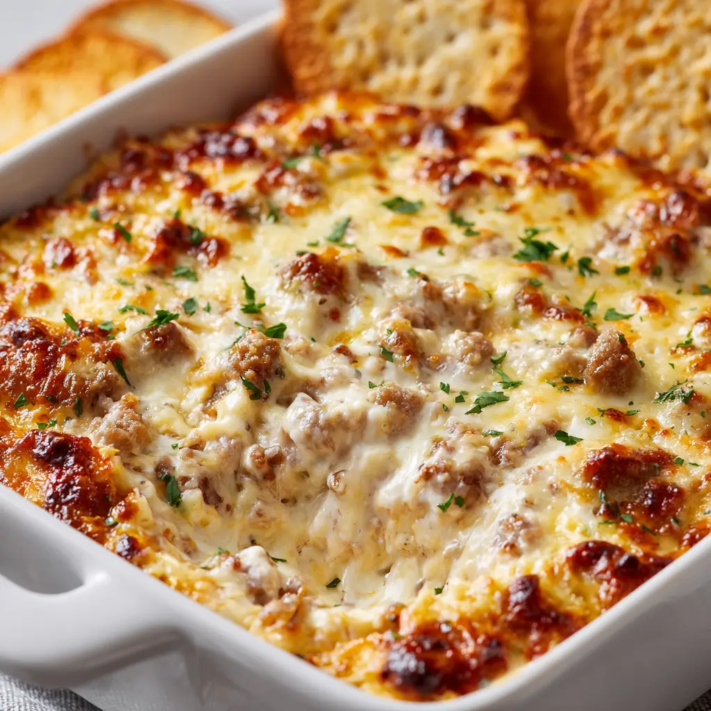Baked cheesy sausage dip in white dish.
