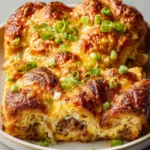 Holiday Make-Ahead Croissant Egg Bake with a crisp, golden top, gooey melted cheese, sliced scallions, and visible layers of flaky croissant pastry and sausage filling on a ceramic plate.