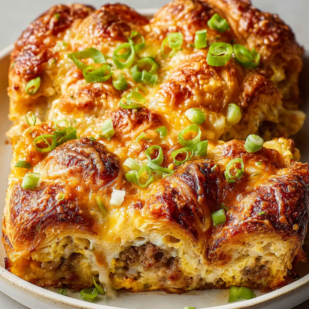 Holiday Make-Ahead Croissant Egg Bake with a crisp, golden top, gooey melted cheese, sliced scallions, and visible layers of flaky croissant pastry and sausage filling on a ceramic plate.