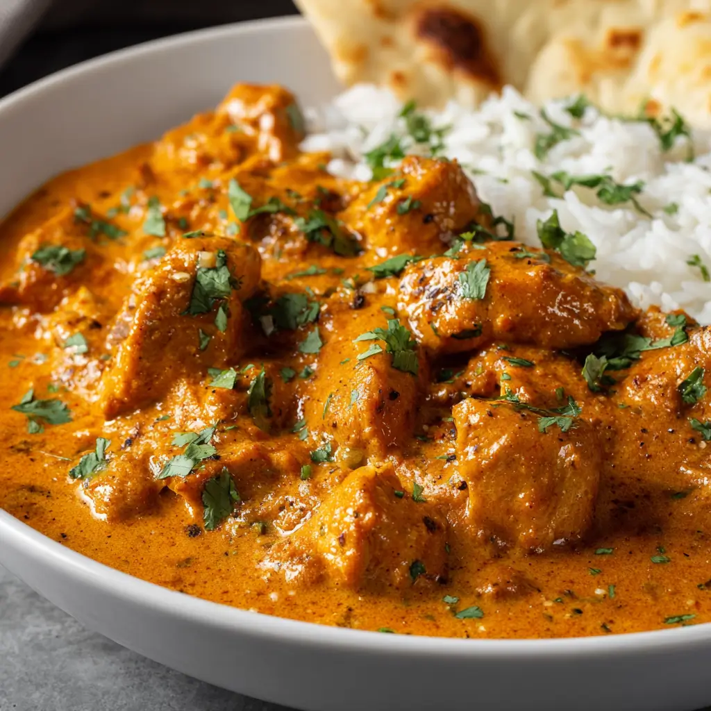 Bowl of homemade butter chicken in creamy orange sauce, garnished with cilantro, served with white rice and naan.
