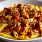 A mouthwatering close-up of penne pasta piled high with juicy, golden-brown chicken pieces glazed in a sticky honey BBQ sauce, all sprinkled with freshly chopped parsley and Parmesan cheese for a vibrant finish.