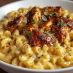 Creamy macaroni and cheese topped with glazed honey pepper chicken pieces, garnished with fresh herbs and black pepper in a white bowl.