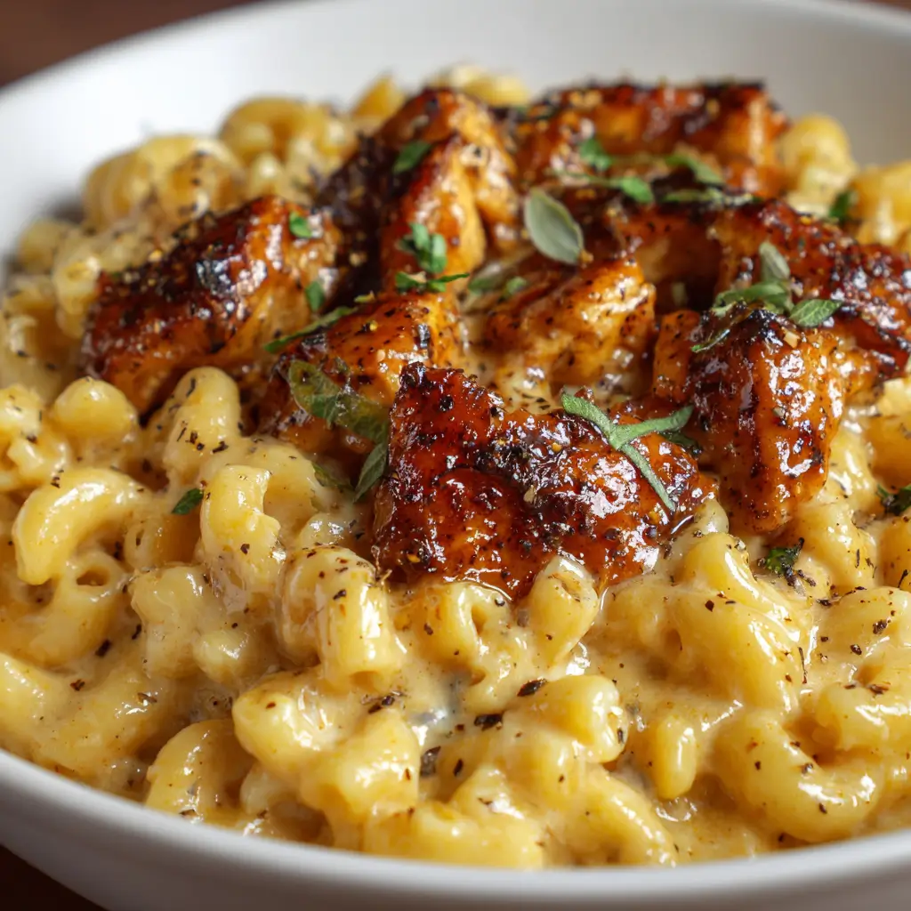 Creamy macaroni and cheese topped with glazed honey pepper chicken pieces, garnished with fresh herbs and black pepper in a white bowl.