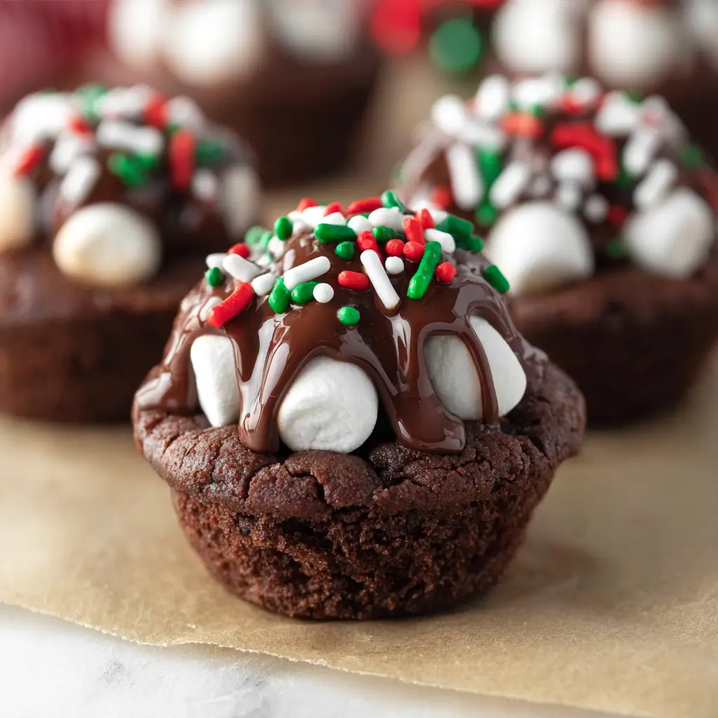 A chewy brownie cup filled with mini marshmallows, topped with a glossy layer of chocolate ganache and festive red, green, and white sprinkles, perfectly capturing the look of hot cocoa in bite-size form.