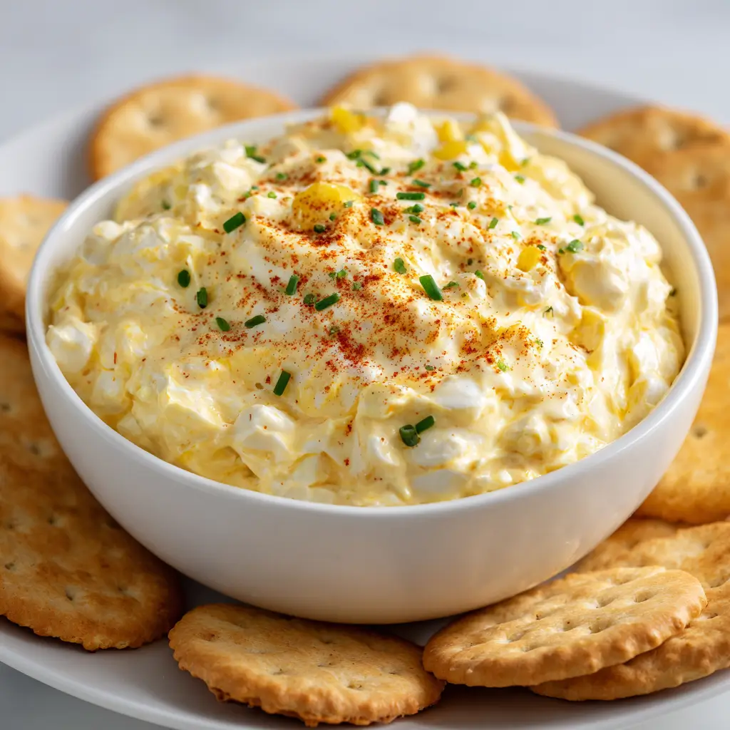 Bowl of creamy yellow Humpty Dumpty dip topped with paprika and chives, surrounded by round crackers on a white plate.