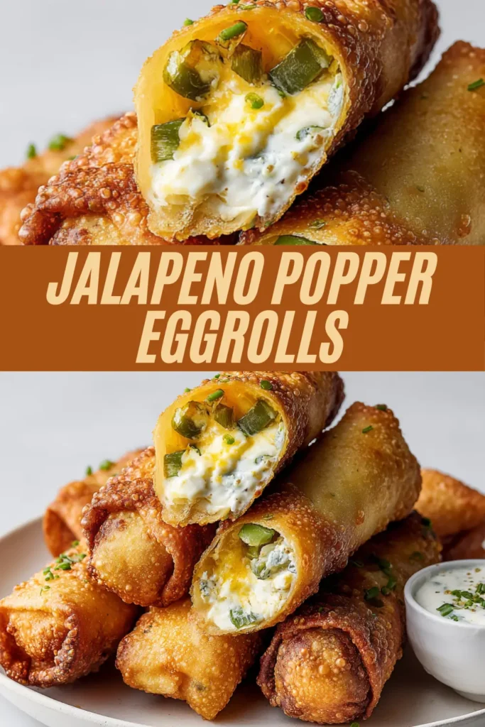 Two stacked photos of crispy jalapeño popper eggrolls filled with creamy cheese and jalapeños, with bold text in the center reading “Jalapeno Popper Eggrolls” over a brown banner.