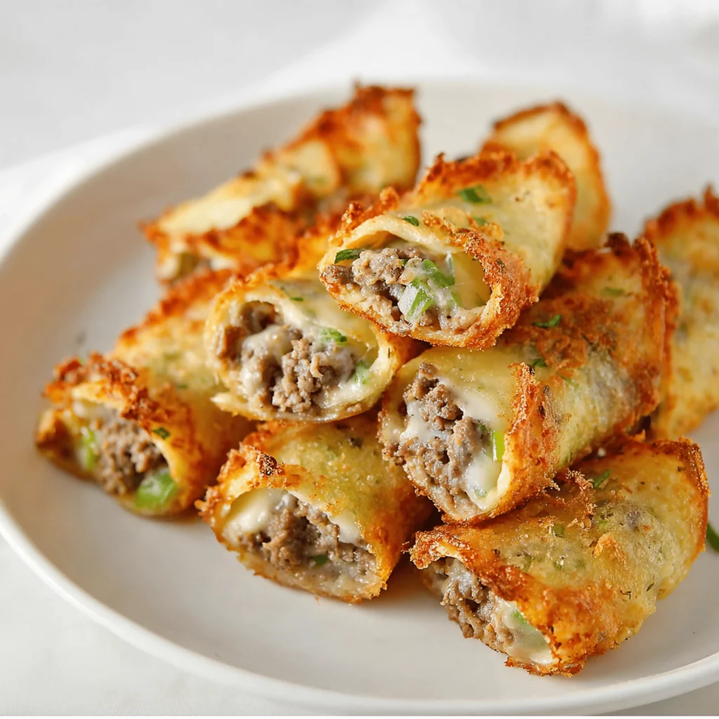 A plate of crispy, golden-brown Keto Philly cheesesteak roll-ups, cut in half to show the savory ground beef, melted cheese, and bits of fresh green pepper inside.