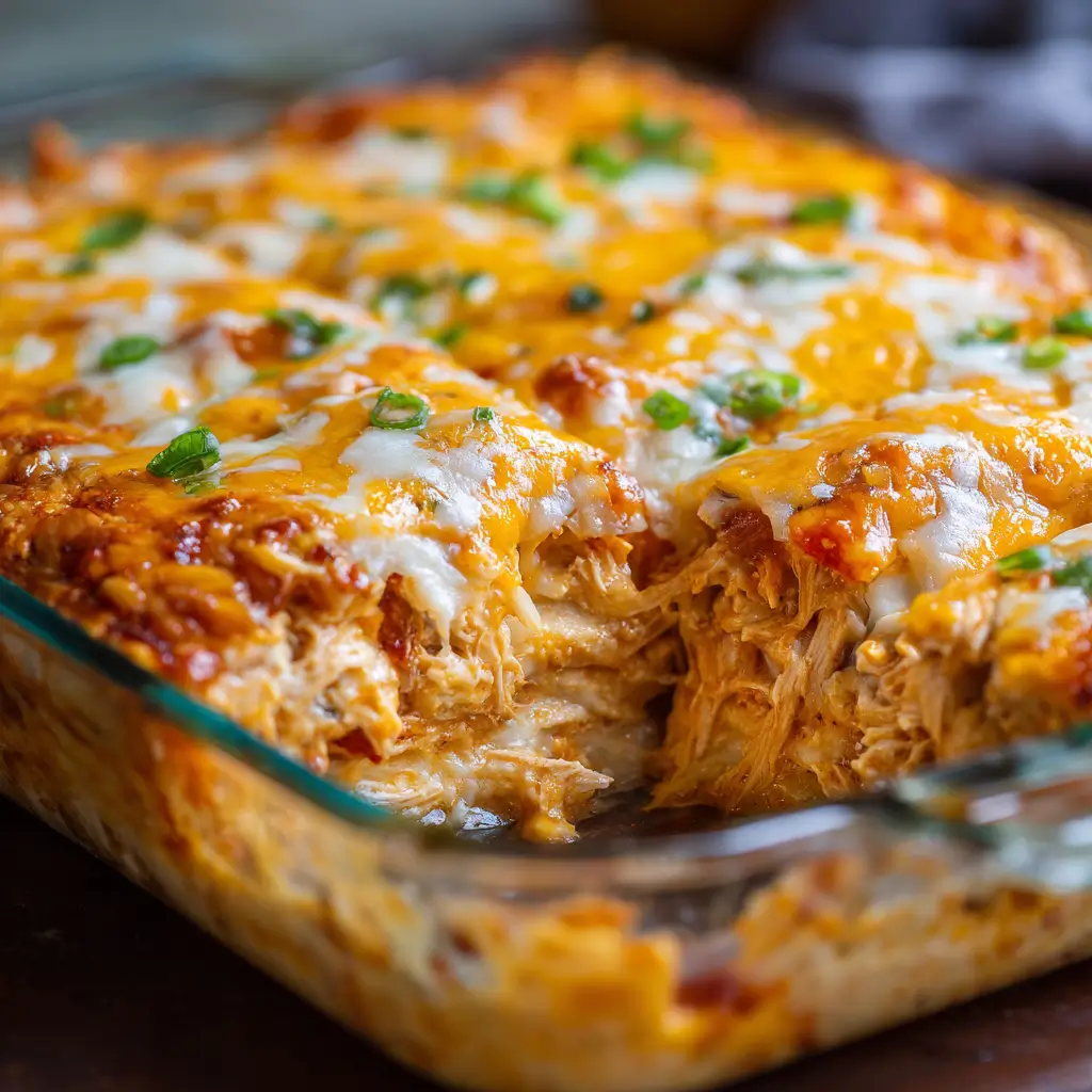 Cheesy King Ranch chicken casserole in a glass baking dish, with a rich golden top and layers of tender shredded chicken and sauce, garnished with green herbs.