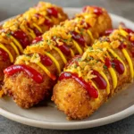A plate of crispy Korean corn dogs, each coated in a crunchy golden batter and topped with zigzags of ketchup and mustard, plus a generous sprinkle of fried onions and parsley.