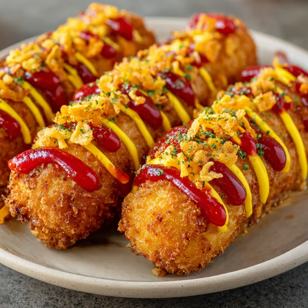 A plate of crispy Korean corn dogs, each coated in a crunchy golden batter and topped with zigzags of ketchup and mustard, plus a generous sprinkle of fried onions and parsley.
