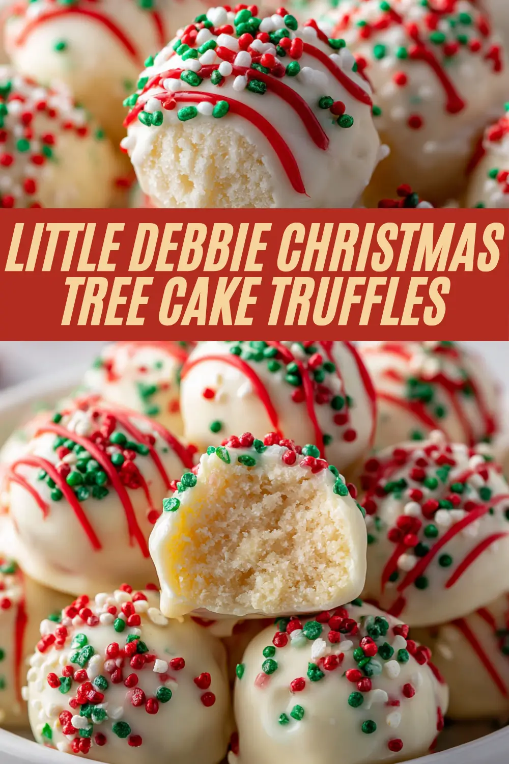 Festive white chocolate truffles topped with red drizzle and Christmas sprinkles.