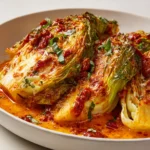 Marry Me Melting Cabbage plated, showing wedges of tender, roasted cabbage bathed in a rich, creamy tomato-based sauce, garnished with fresh herbs.
