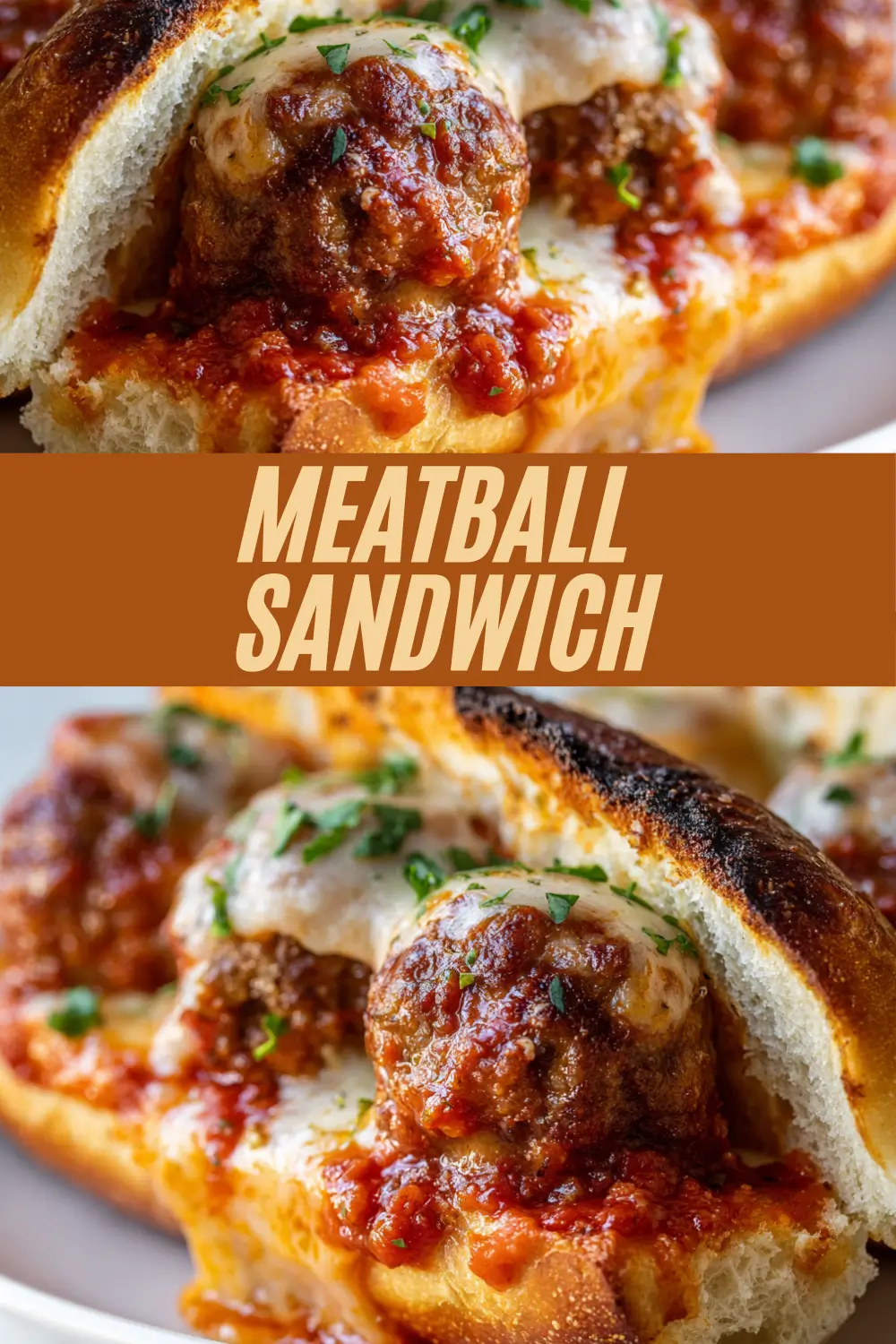 Meatball sandwich on a toasted roll with melted cheese and marinara sauce, with bold “Meatball Sandwich” text across the center.