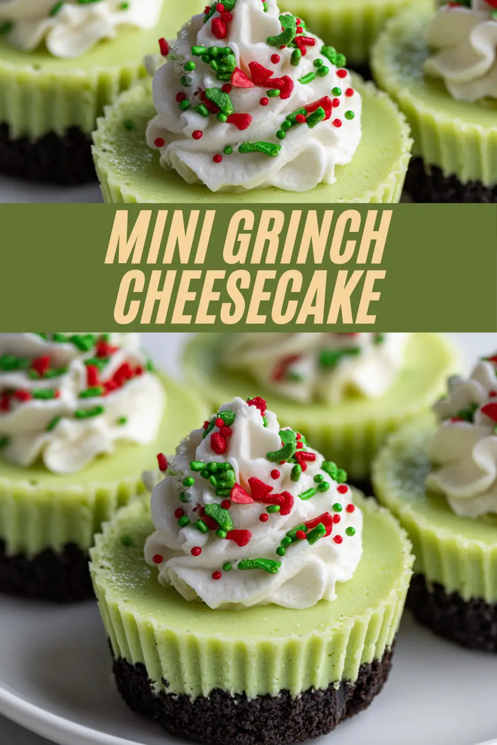 Festive mini Grinch cheesecakes with green filling and chocolate crust, topped with whipped cream and red and green sprinkles, displayed on a white plate.