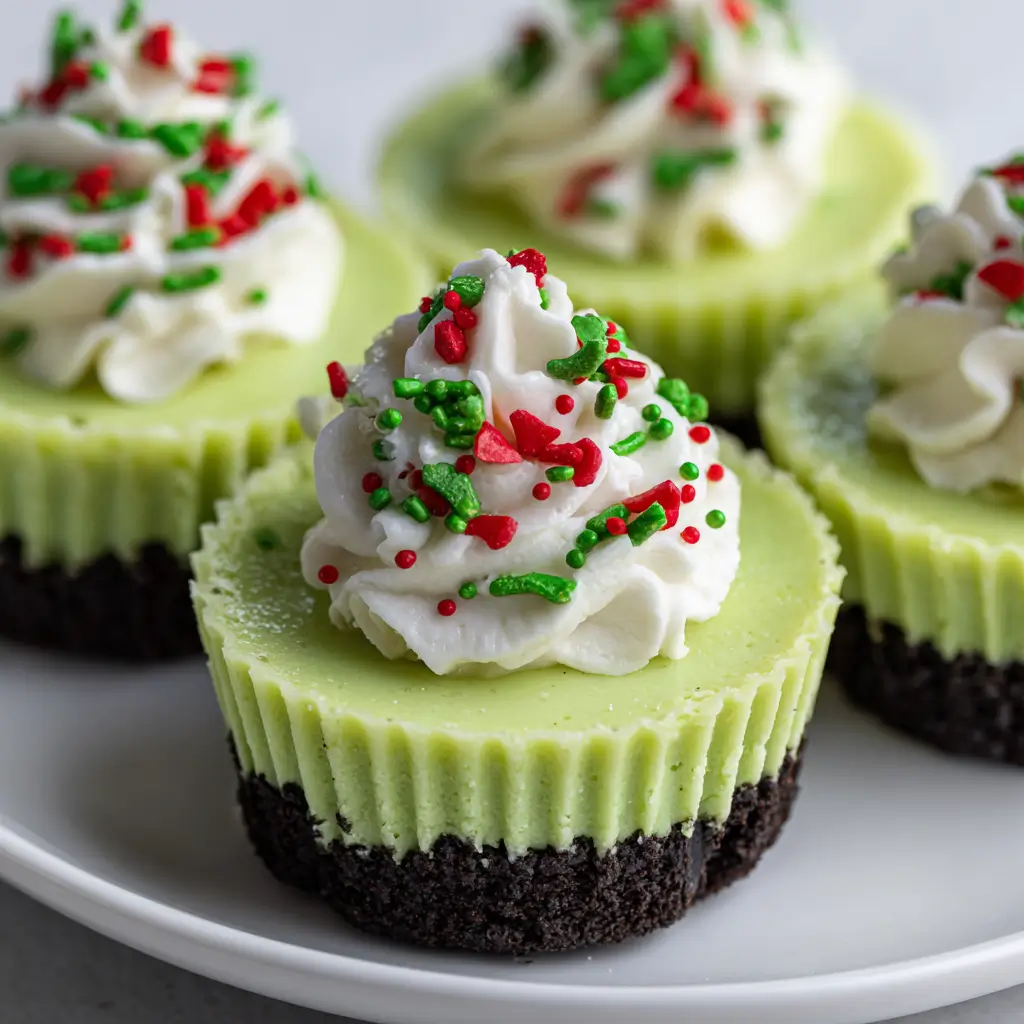 Mini Grinch cheesecakes with green filling, a chocolate cookie crust, and swirls of whipped cream topped with festive red and green holiday sprinkles.