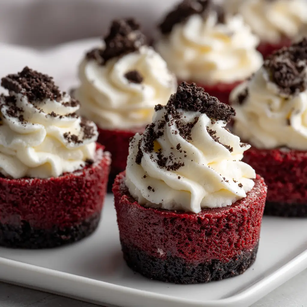 mini red velvet cheesecake bites topped with swirls of piped creamy frosting and finished with a sprinkle of crushed chocolate cookies, arranged neatly on a white plate.