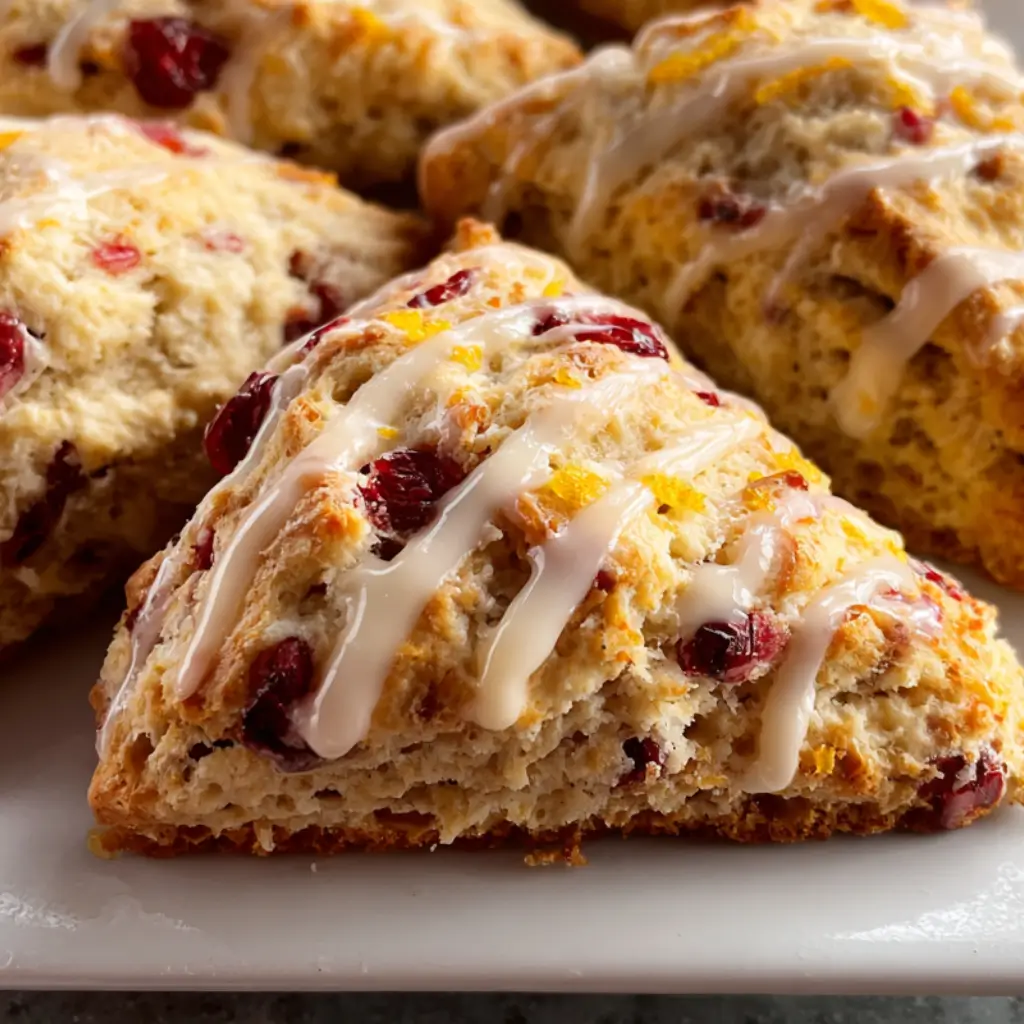 Orange Cranberry Scones on a plate, golden-brown and studded with cranberries, drizzled generously with sweet orange glaze.