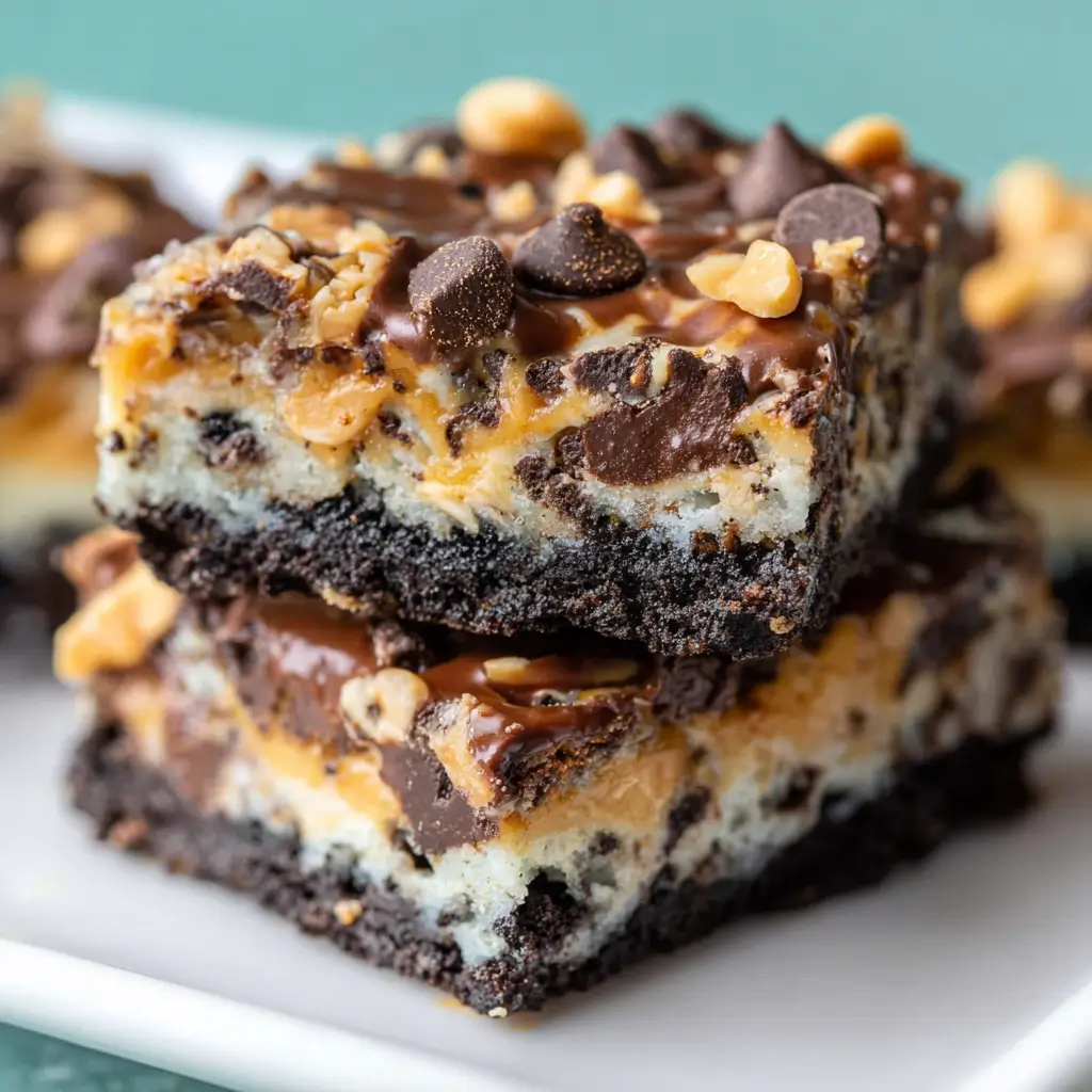 Two bars with layers of dark cookie crust, creamy filling, gooey caramel, chocolate chips, and peanuts, stacked on a white plate.
