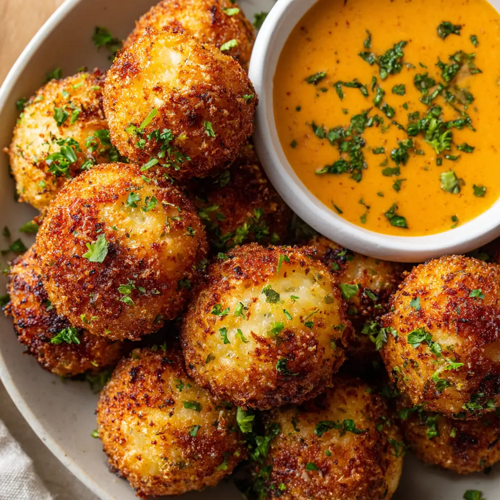 Plate of golden, crispy Parmesan Garlic Potato Balls garnished with chopped parsley, served alongside a small bowl of creamy orange dipping sauce sprinkled with herbs.