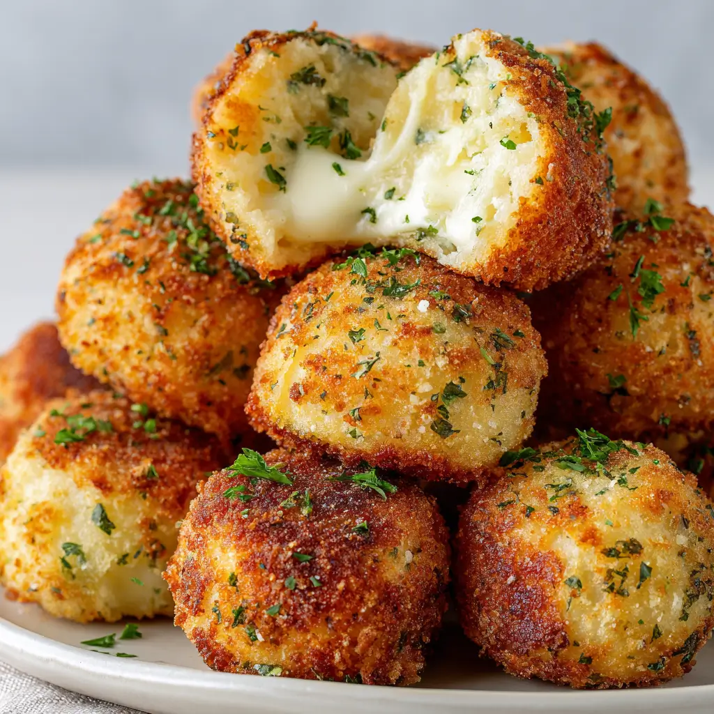 Crisp golden Parmesan Garlic Potato Balls stacked on a plate, one broken open to reveal gooey melted cheese inside and flecks of fresh parsley on the crust.